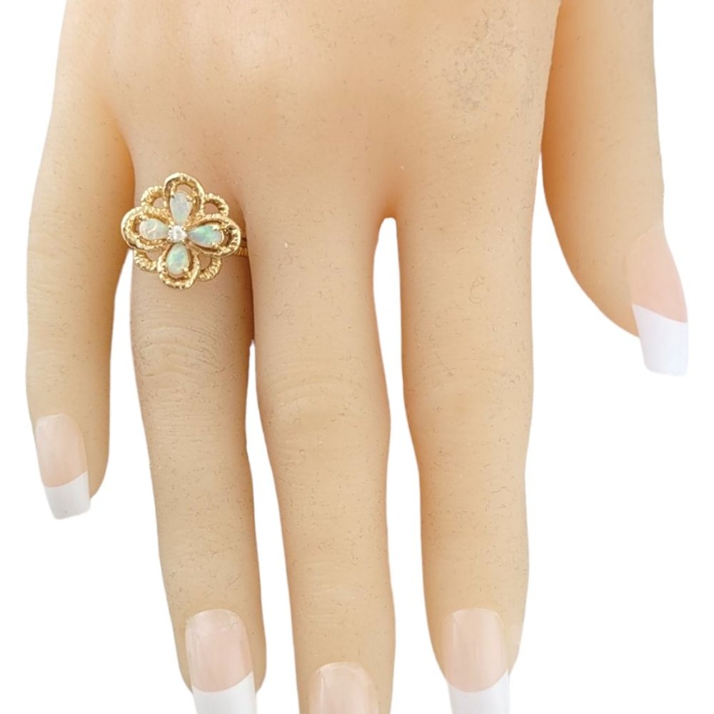 14K Yellow Gold Opal and Diamond Flower Ring Size 6.5 #16421 - Picture 6 of 7